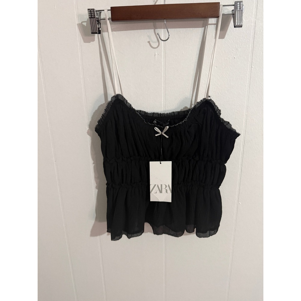 NWT Zara‎ Pleated Smocked Camisole Women L Black Bow Peplum Tank Top Festival - Picture 3 of 8